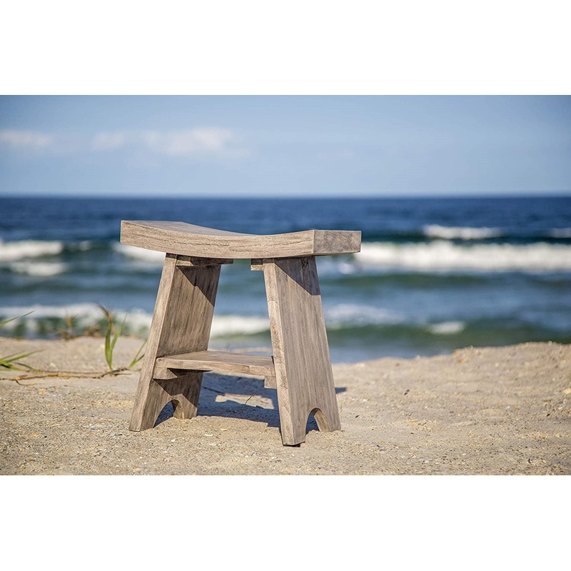 Contemporary Teak Shower or Bench with Shelf in Gray Finish By Homeroots