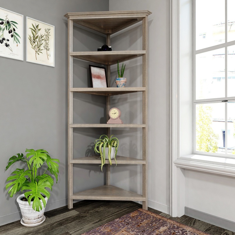 Gray Five Tier Solid Wood Corner Bookcase By Homeroots