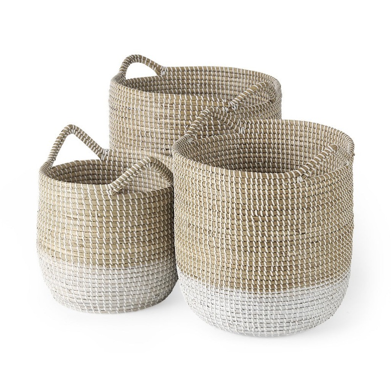 Set of Three Beige and White Storage Baskets By Homeroots