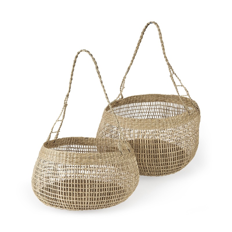 Set of Two Wicker Storage Baskets with Long Handles By Homeroots