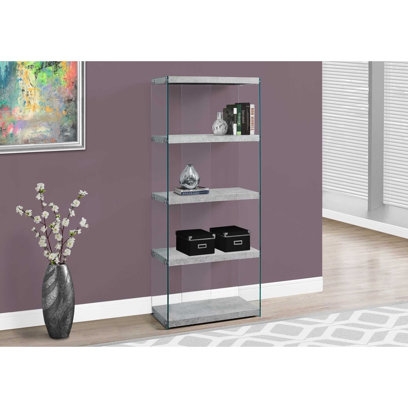 60" Grey Cement Particle Board and Clear Tempered Glass Bookcase By Homeroots