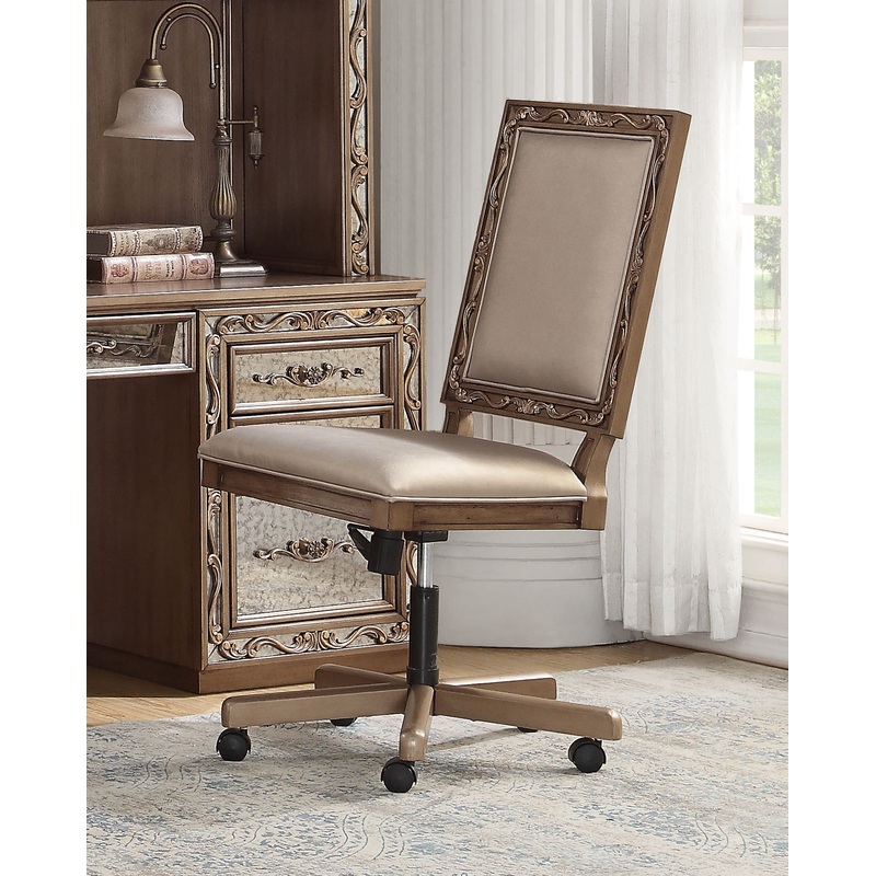 Champagne Fau Leather Upholstered (Seat) and Antique Gold Wood Eecutive Office Chair By Homeroots