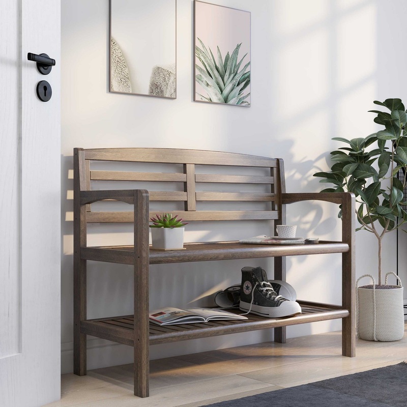 Chestnut Finish Solid Wood Slat Bench with High Back and Shelf By Homeroots