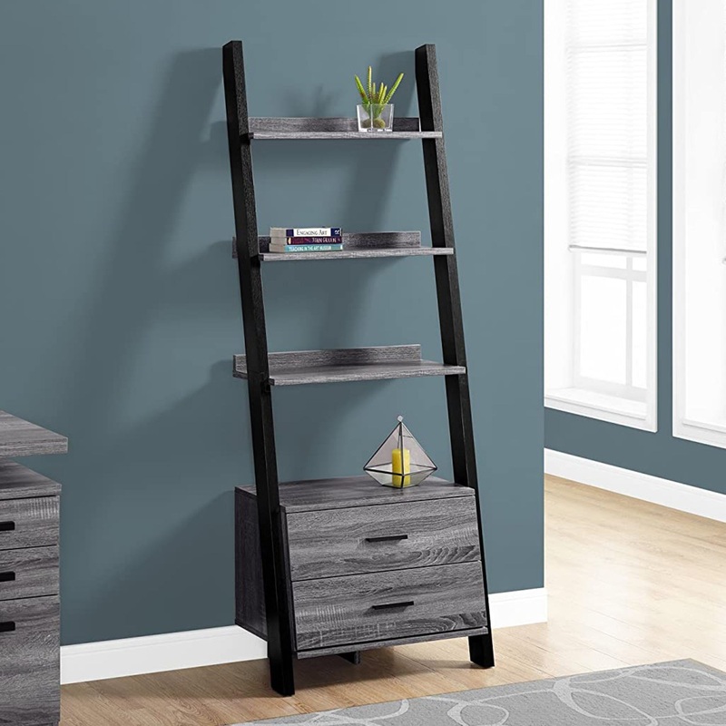 Grey Black Particle Board Hollow Core Bookcase with Storage Drawers By Homeroots