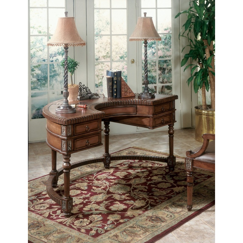 Hand Carved Leather Top Crescent Shape Desk By Homeroots