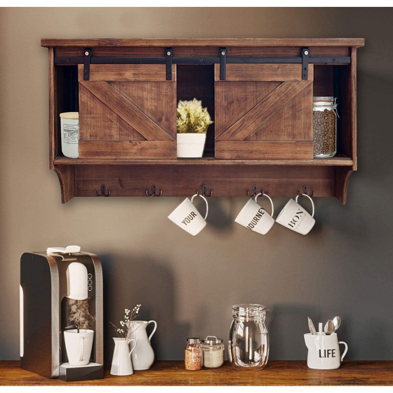 Rustic Wooden Shelf with Barn Door Storage and Hooks By Homeroots