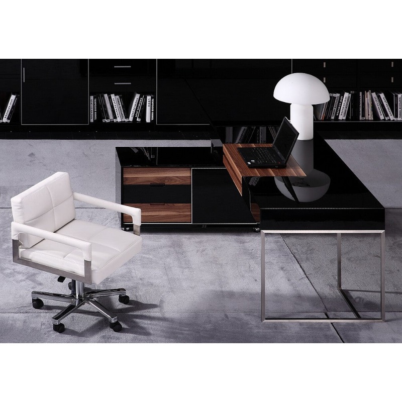 29.5 Black Gloss and Walnut Veneer and Stainless Steel Office Desk By Homeroots