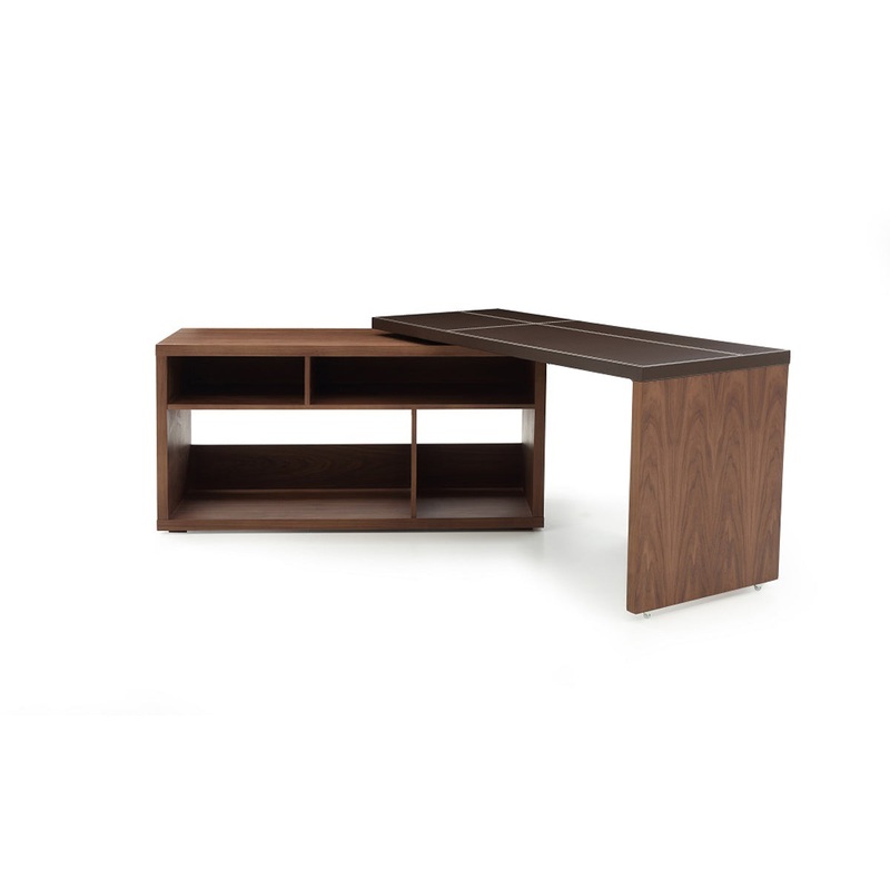 29 Walnut and Brown Veneer L Shaped Desk with a Leather Top By Homeroots