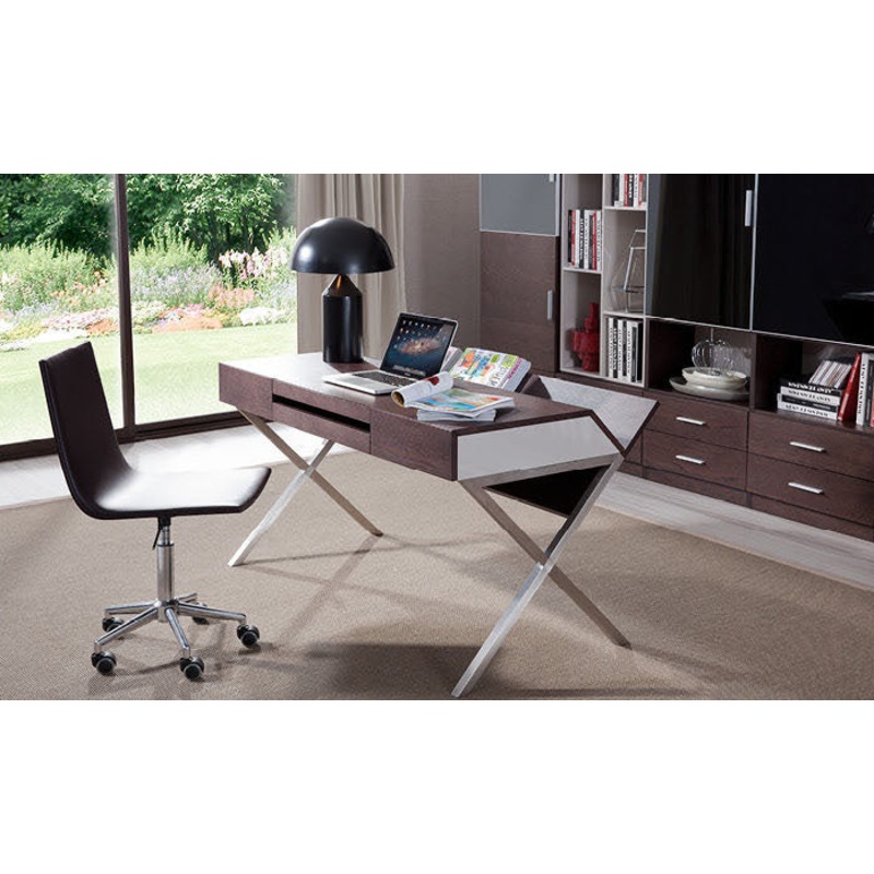 30 Brown Oak and Grey Veneer and Stainless Steel Office Desk By Homeroots