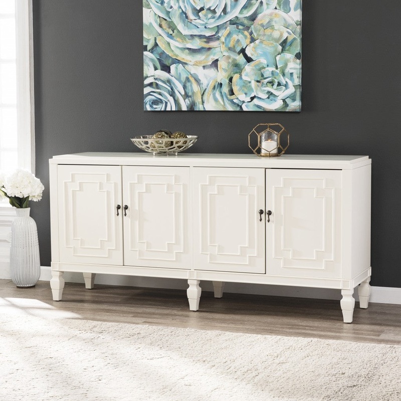 Antiqued White Geometric Lines Low Accent Cabinet Buffet By Homeroots