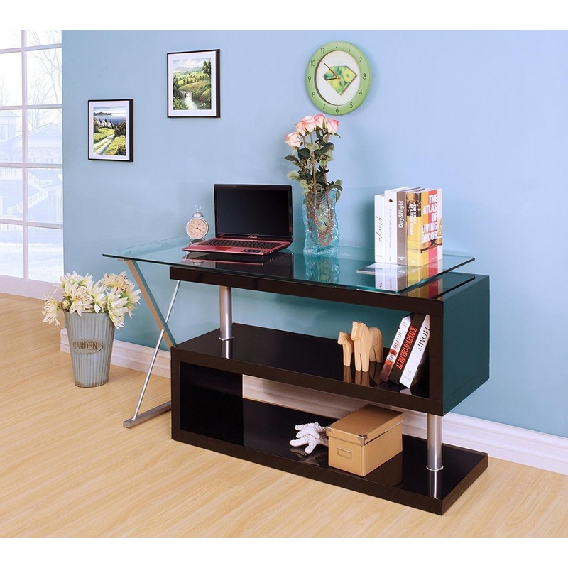 Black High Gloss Clear Glass Office Desk By Homeroots