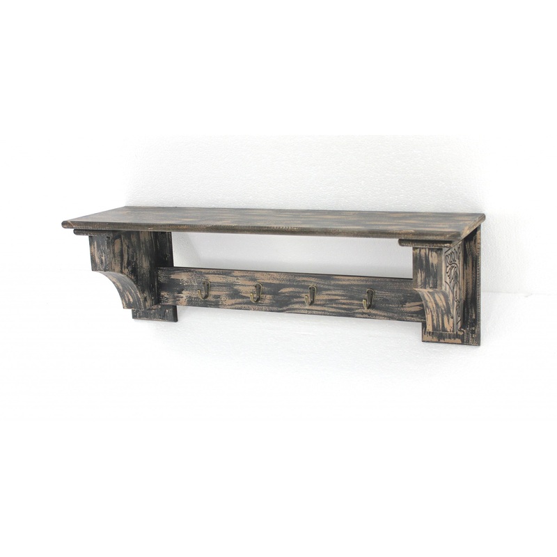 Black Vintage Wooden Metal Hooks Wall Shelf By Homeroots
