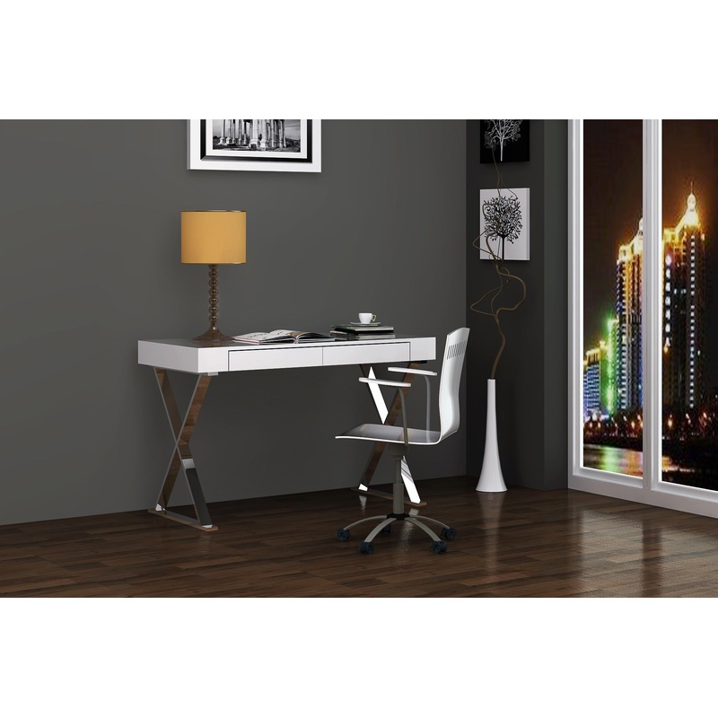 Desk Large High Gloss White Two Drawers Stainless Steel Base By Homeroots