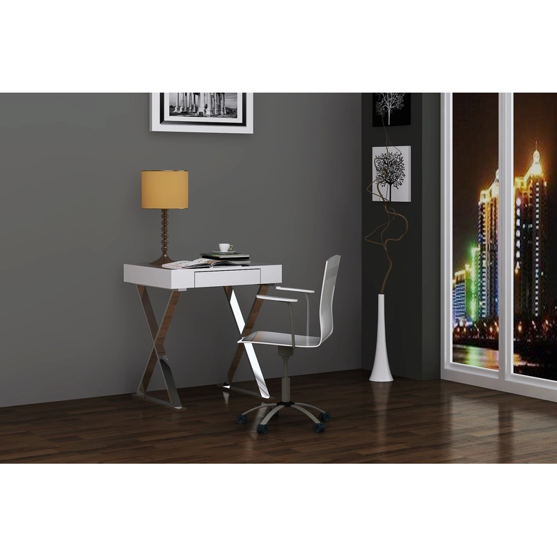 Desk Small High Gloss White One Drawer Stainless Steel Base By Homeroots
