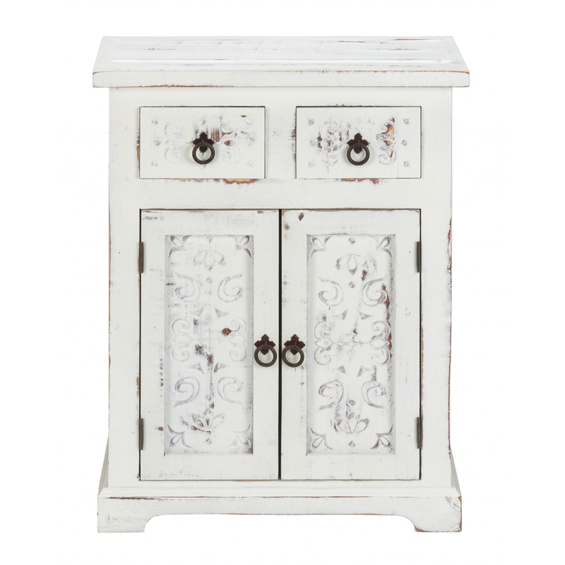 Distressed White Wooden Carved 2 Door And 2 Drawer Cabinet By Homeroots