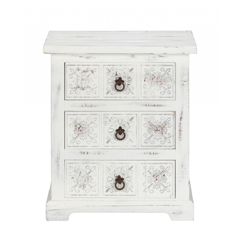 Distressed White Wooden Carved 3 Drawer Cabinet By Homeroots