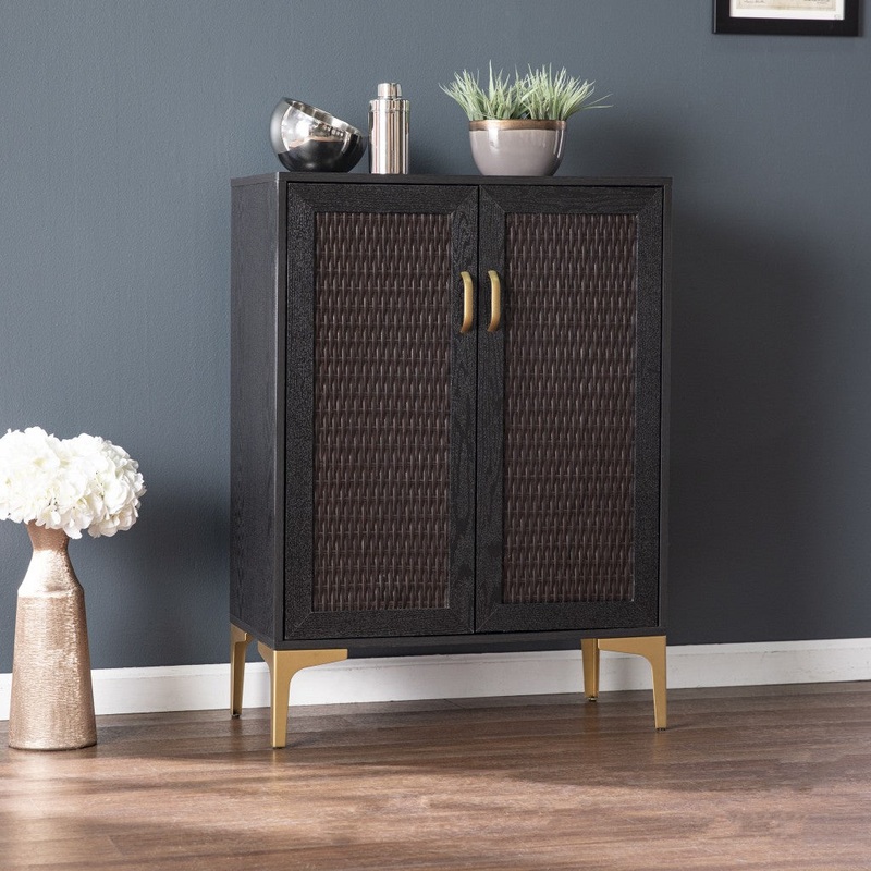 Modern Rustic Black Gold And Faux Rattan Bar Cabinet By Homeroots