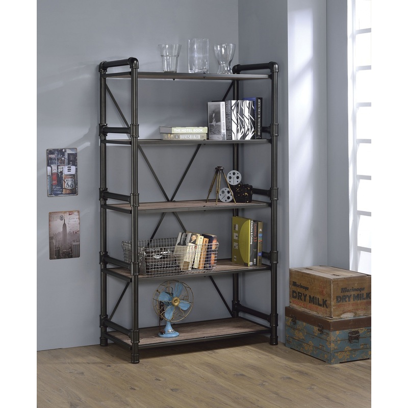 Rustic Oak And Black Particle Board Bookshelf By Homeroots
