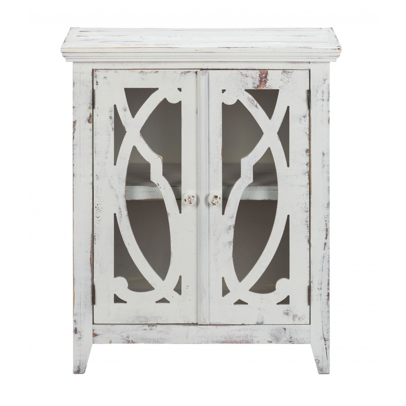Rustic White Wood And Glass Scrollwork Accent Cabinet By Homeroots