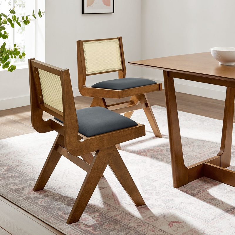 Thera Vegan Leather and Cane Dining Side Chairs Set of 2 by Modway