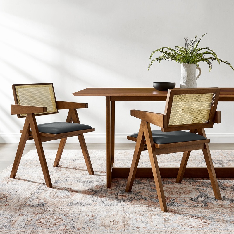 Thera Vegan Leather Cane Dining Armchairs Set of 2 by Modway