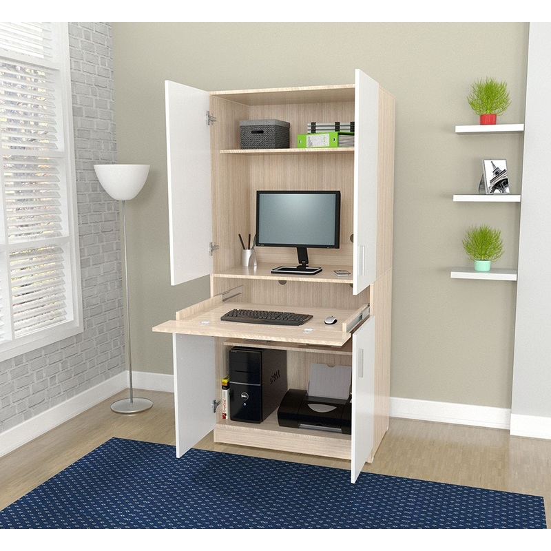 White and Natural Finish Wood Computer Hutch Desk By Homeroots