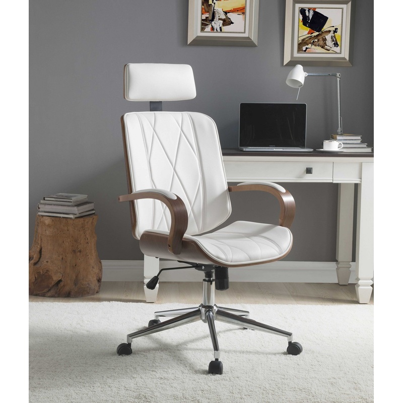 White Leatherette And Walnut Office Chair By Homeroots - 319082