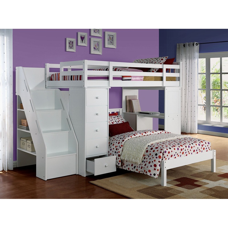 White Solid Wood Loft Bed And Bookshelf Ladder By Homeroots