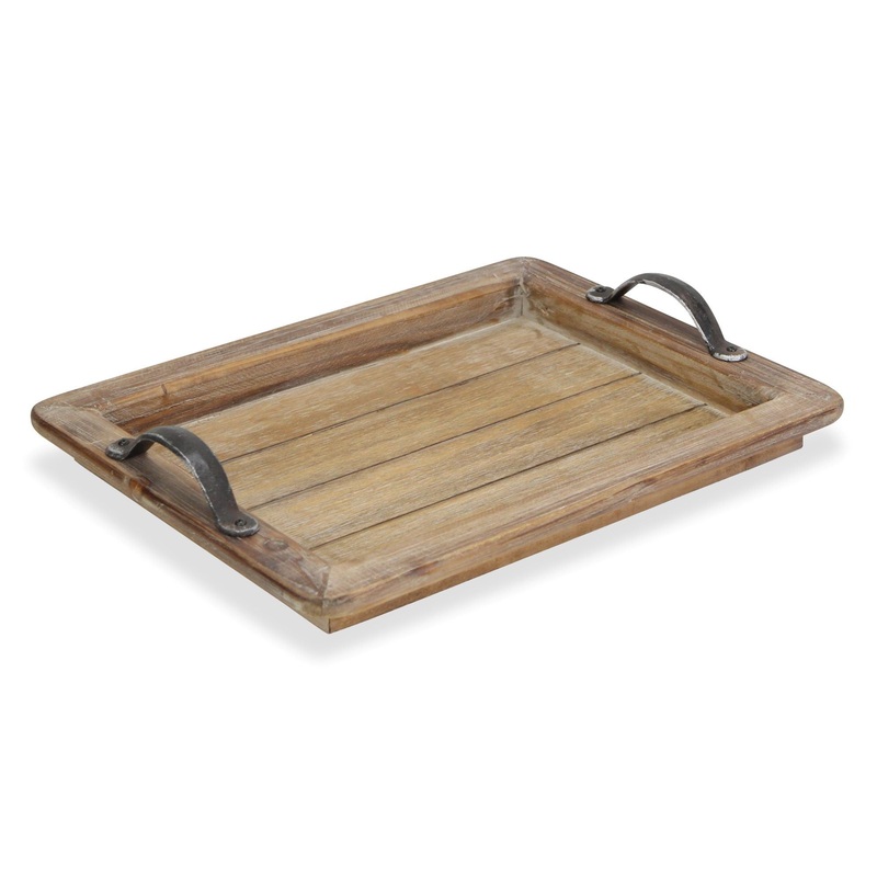 Wooden Paneled Tray With Metal Handles By Homeroots