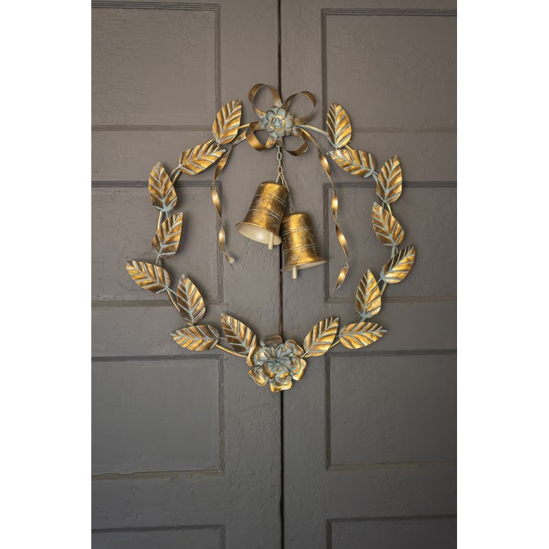 Antique Brass Christmas Door Wreath Leaves And Bells (Min 2) By Kalalou
