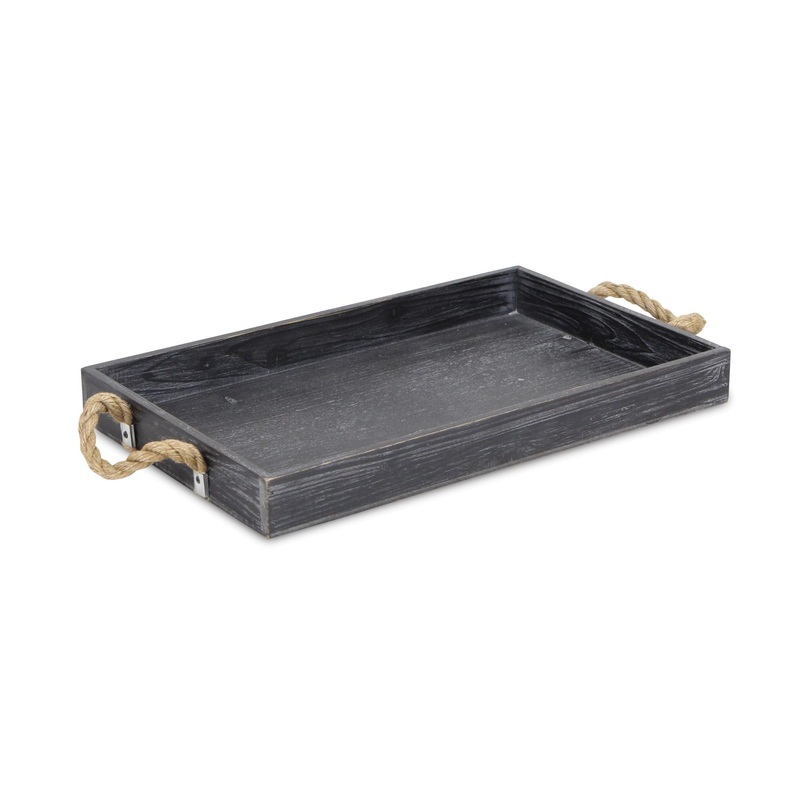 Black Wooden Tray With Rope Handles By Homeroots