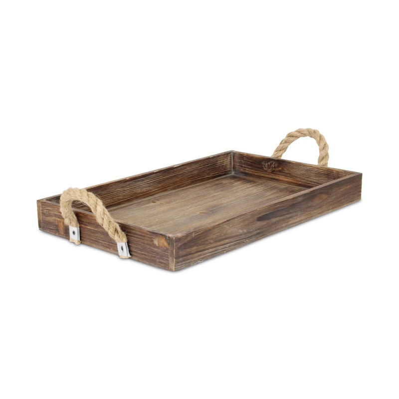 Dark Brown Wooden Tray With Rope Handles By Homeroots