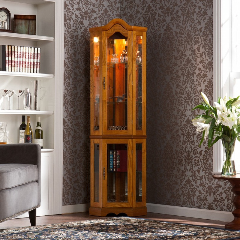 Golden Oak Scallop Top Lighted Corner Curio Cabinet By Homeroots