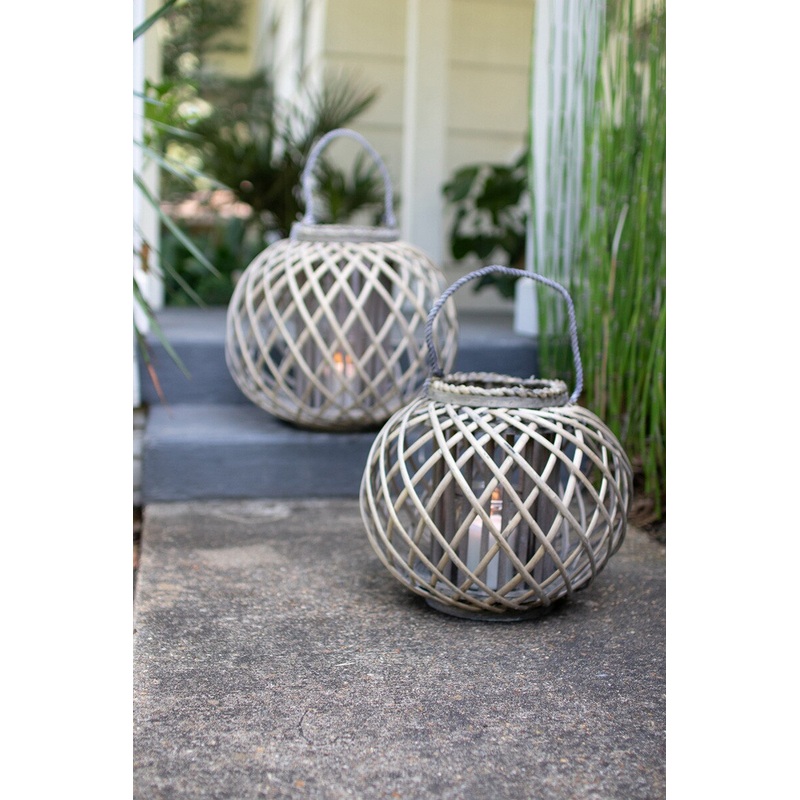 Low Round Grey Willow Lantern With Glass - Large (Min 2) By Kalalou