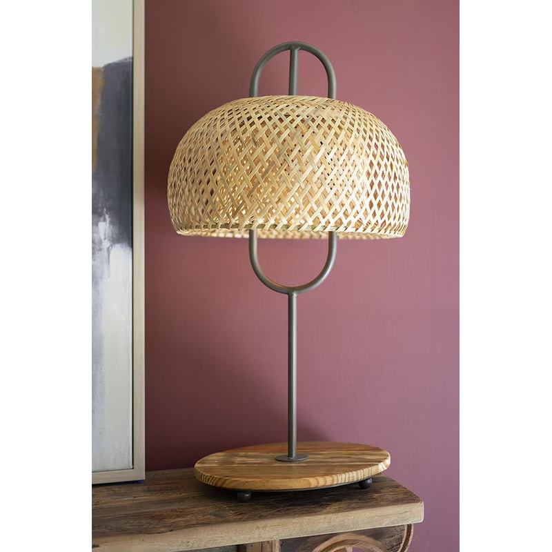 Metal And Wood Table Lamp With Woven Cane Lamp Shade By Kalalou