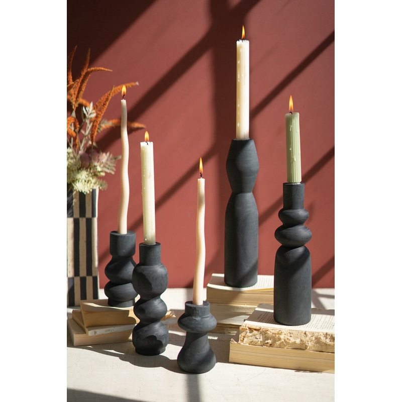 Set Of Five Carved Black Wood Taper Candle Holders By Kalalou
