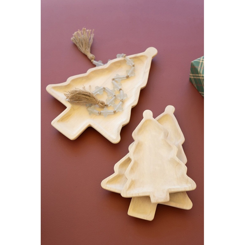 Set Of Three Carved Wood Christmas Tree Platters (Min 2) By Kalalou