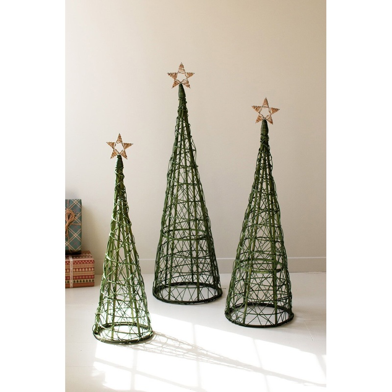Set Of Three Christmas Topiaries - Green With Natural Star By Kalalou