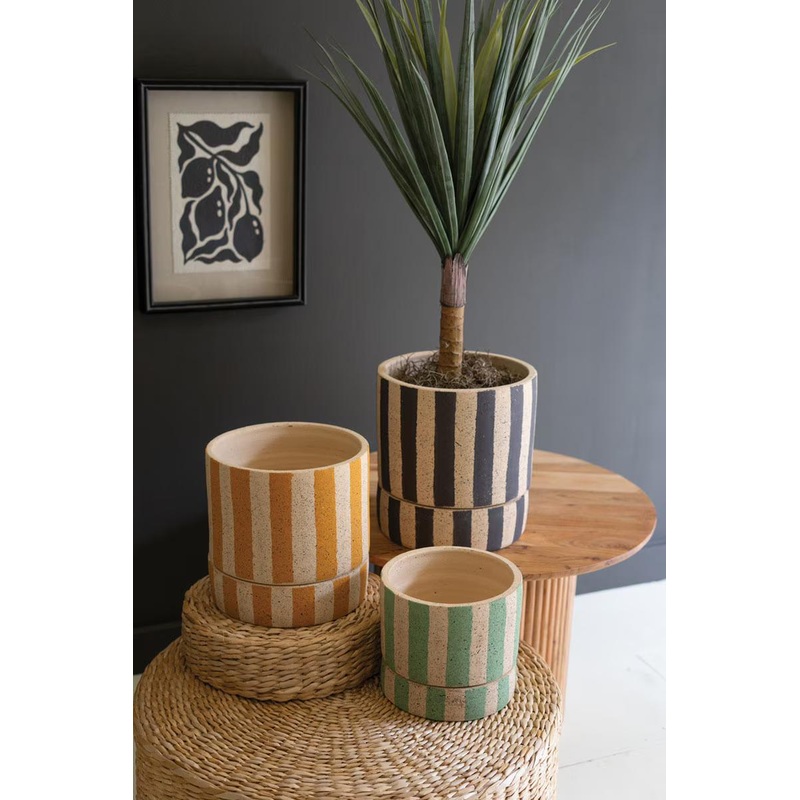 Set Of Three Clay Planters With Striped Details + Trays -One Each Size By Kalalou