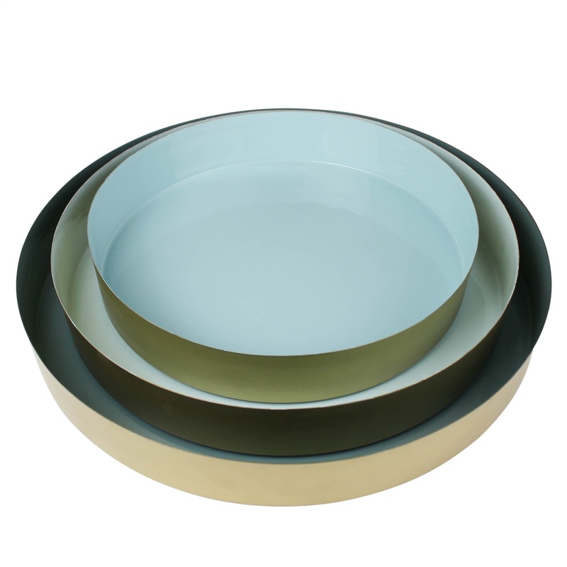 Set Of Three Gold And Blue Round Trays By Homeroots