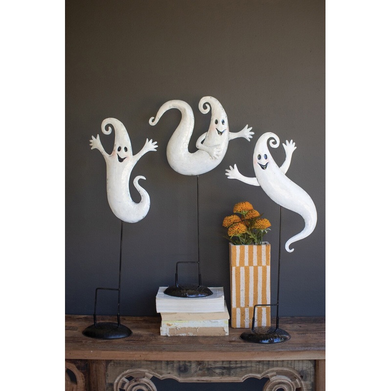 Set Of Three Painted Metal Ghosts Yard Stakes By Kalalou