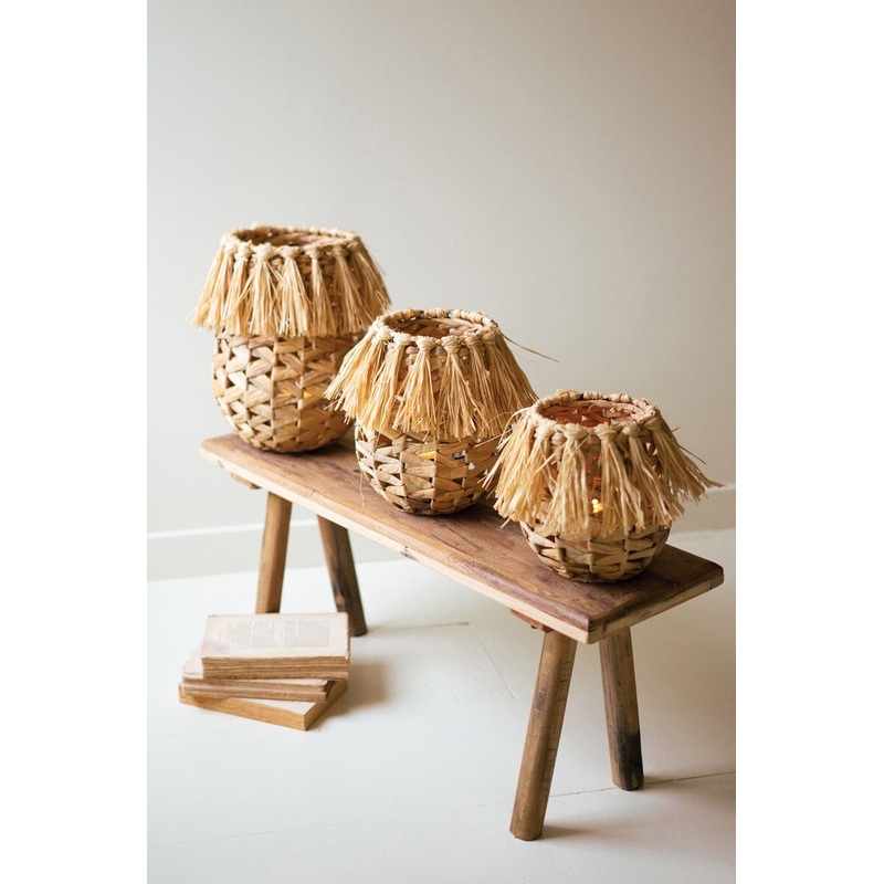 Set Of Three Seagrass Lanterns With Glass Insert By Kalalou