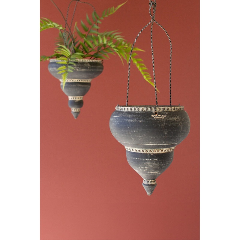 Set Of Two Black Clay Moroccan -  Inspired Hanging Planters By Kalalou