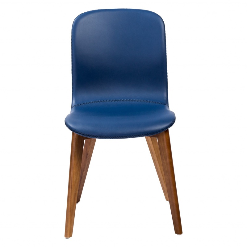 Set Of Two Blue Faux Leather And Walnut Dining Or Side Chairs By Homeroots