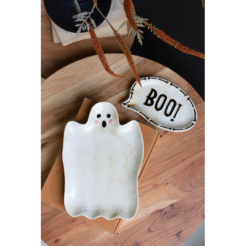 Set Of Two "Boo" Ghost Ceramic Serving Platters (Min 2) By Kalalou