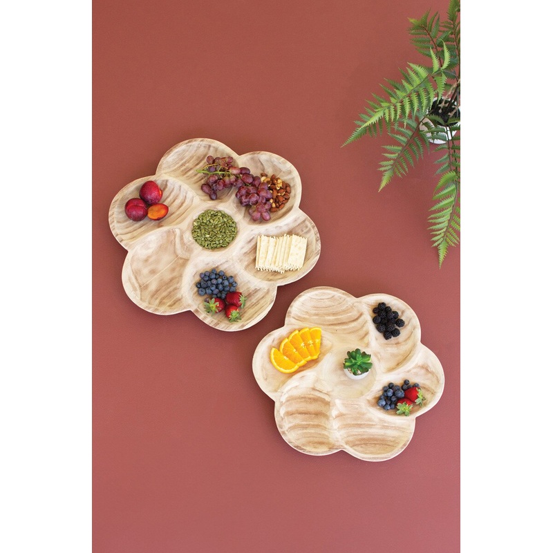 Set Of Two Carved Wood Flower Petal Platters (Min 2) By Kalalou