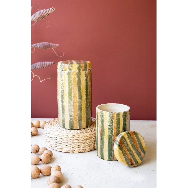 Set Of Two Ceramic Canisters - Olive And Tobacco Stripes By Kalalou