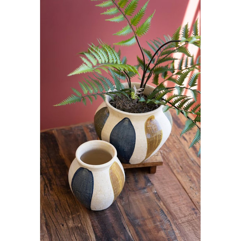 Set Of Two Ceramic Urns - Blue, Mustard And Green Detail By Kalalou