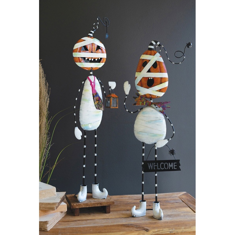 Set Of Two Painted Metal Halloween Jack-O-Lantern Mummies By Kalalou