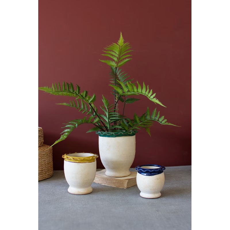 Set3 Ceramic Flower Pots W Ruffle-Blue Mustard Green Detail By Kalalou